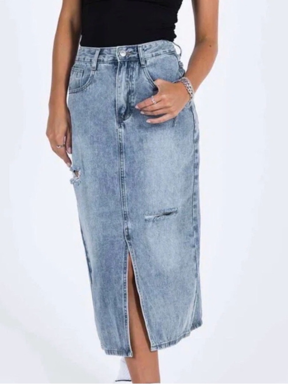 Princess Polly Distressed Cotton Denim Maxi Skirt Front-Slit Pockets Womens 4